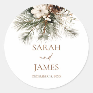 Elegant Winter Floral Pine Trees Wedding Classic Round Sticker
