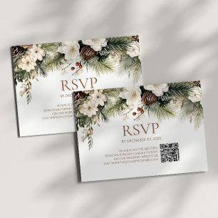 Elegant Winter Floral Pine Trees Wedding QR Code RSVP Card