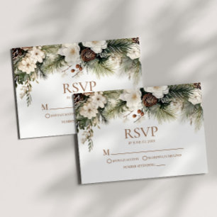 Elegant Winter Floral Pine Trees Wedding RSVP Card