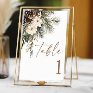 Elegant Winter Floral Pine Trees Wedding Table Number