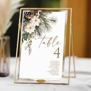Elegant Winter Floral Pine Trees Wedding Table Number
