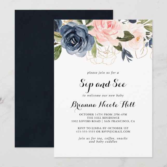 Elegant Winter Floral Sip and See Invitation (Front/Back)