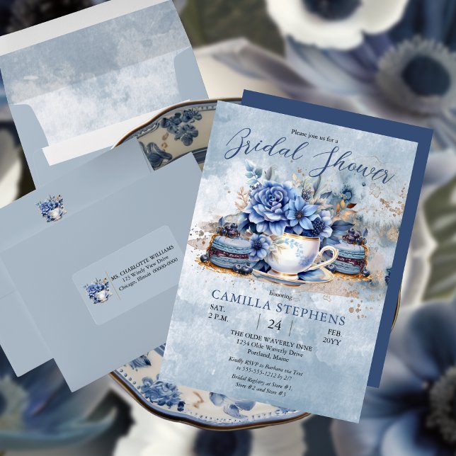Elegant Winter Floral Teacup Bridal Shower Invitation (Elegant Victorian Blue Floral Bridal Shower Tea Party Invitation)