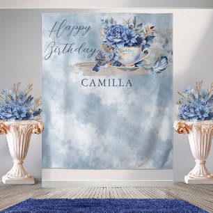 Elegant Winter Floral Teacup Happy Birthday Tapestry