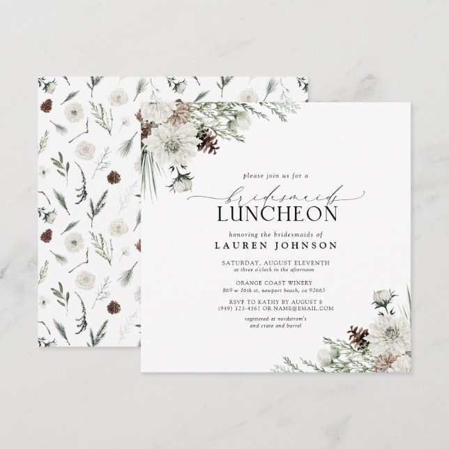 Elegant Winter Floral Watercolor Bridal Luncheon Invitation (Front/Back)