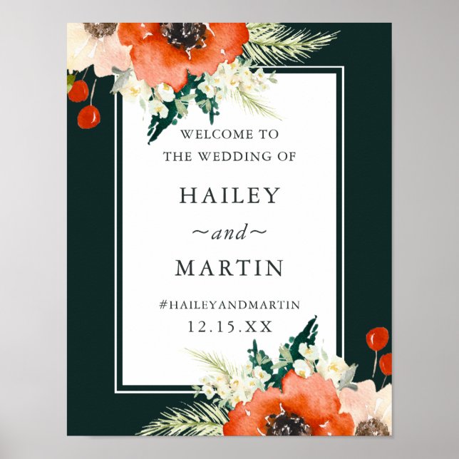 Elegant Winter Floral Wedding Welcome Sign (Front)