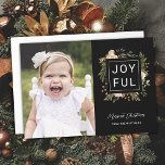 Elegant Winter Florals | Joyful Photo Christmas  H Holiday Card<br><div class="desc">Send stylish, elegant photo holiday cards to friends and family with this 1 photo flat card. It features a hand painted floral design in dark olive green, terracotta burnt orange, ivory, and peach over a black background (background color can be customized, if desired). The back contains a matching floral pattern...</div>