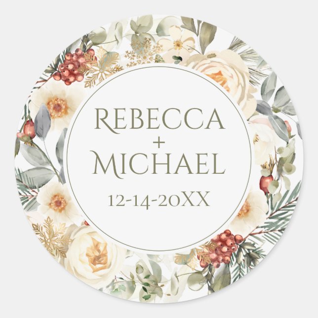 Elegant Winter Florals Personalized Wedding Classic Round Sticker (Front)