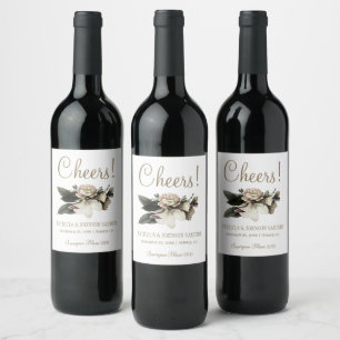 Elegant winter flowers cheers and names wedding wine label