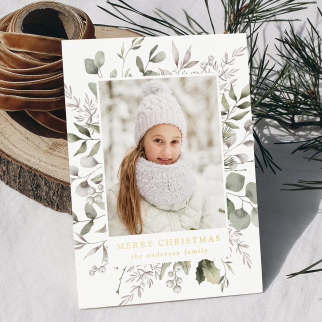 Elegant Winter Foliage and Snowberries Photo Foil Holiday Card (Creator Uploaded)