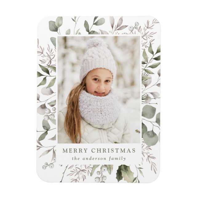 Elegant Winter Foliage and Snowberries Photo Magnet (Vertical)