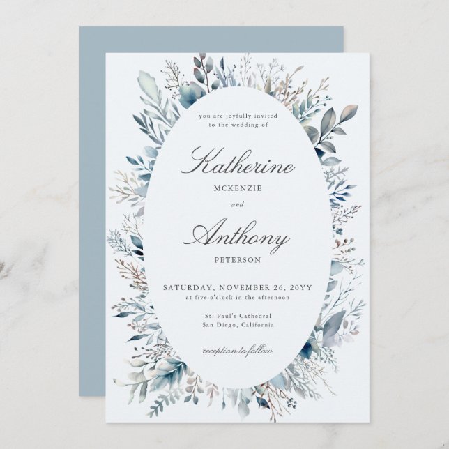 Elegant Winter Foliage Boho Frame Blue Wedding Invitation (Front/Back)
