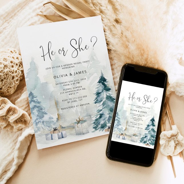 Elegant Winter forest gender reveal He or She Invitation (Creator Uploaded)