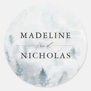 Elegant Winter Forest Personalized Wedding Classic Round Sticker
