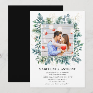 Elegant Winter Gold Foliage Frame Photo Wedding Invitation