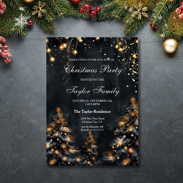 Elegant Winter Gold Glitter Christmas Tree Party Invitation (black christmas tree with gold glitter lights)