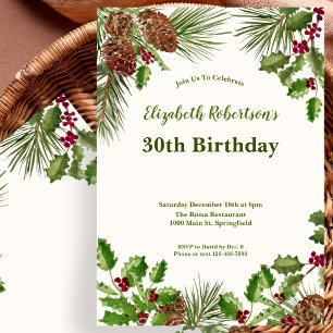 Elegant Winter Greenery 30th Birthday Invitation