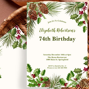 Elegant Winter Greenery 74th Birthday Invitation