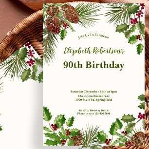 Elegant Winter Greenery 90th Birthday Invitation