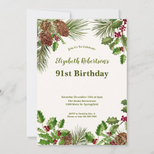 Elegant Winter Greenery 91st Birthday Invitation