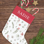 Elegant Winter Greenery Botanical White Large Christmas Stocking<br><div class="desc">This elegant Christmas stocking features a beautiful pattern of watercolor eucalyptus,  berries,  and foliage over a classic white background.  Customize this stocking with your own name or initials. Makes a wonderful gift for family and friends!</div>