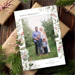 Elegant Winter Greenery Botanical White One Photo Holiday Card<br><div class="desc">This elegant holiday photo card features a single vertical photo framed by beautiful watercolor eucalyptus, holly, and berries over a classic white background. The editable greeting on the front says "Happy Holidays". The back of the card is a festive red colour. You can also add another photo and/or additional text...</div>