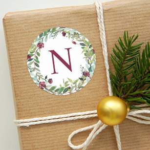 Elegant Winter Greenery Burgundy Monogram Wreath Classic Round Sticker