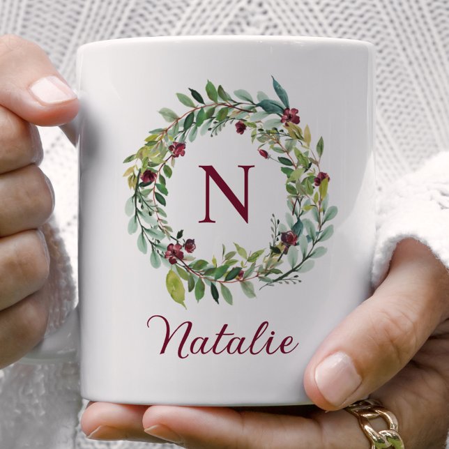 Elegant Winter Greenery Burgundy Monogram Wreath Coffee Mug (Creator Uploaded)