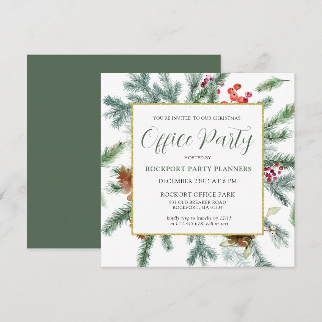 Elegant Winter Greenery Christmas Office Party Invitation (Front/Back)