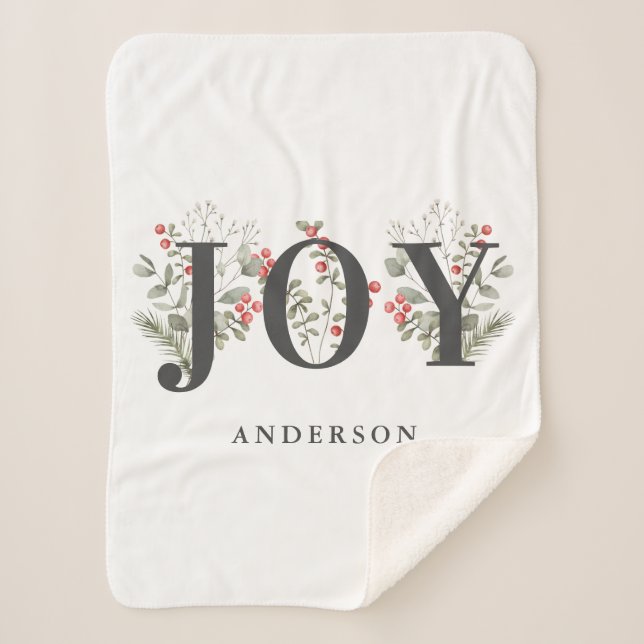 Elegant Winter Greenery JOY Christmas Holiday Sherpa Blanket (Front)