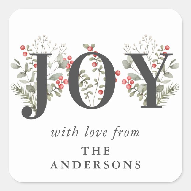 Elegant Winter Greenery JOY Christmas Holiday Square Sticker (Front)