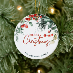 Elegant Winter Greenery Merry Christmas Custom Ceramic Ornament