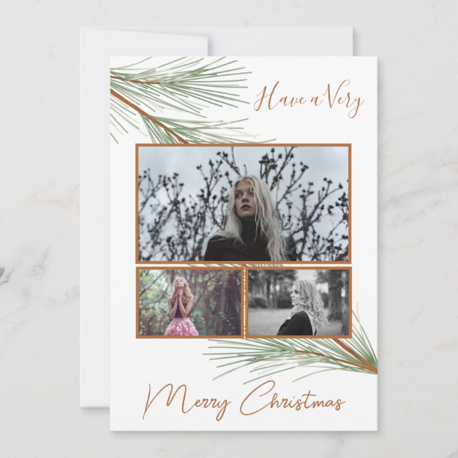 Elegant Winter Greenery Merry Christmas Tree Photo Holiday Card (Front)