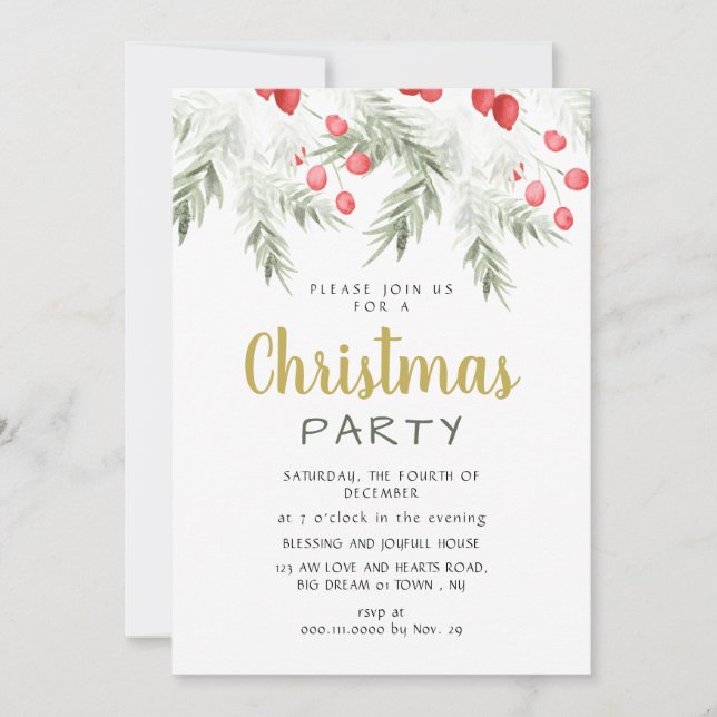Elegant Winter Greenery Watercolor Christmas Party Invitation (Front)