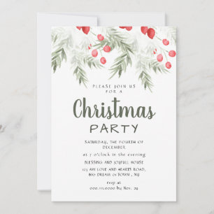 Elegant Winter Greenery Watercolor Christmas Party Invitation