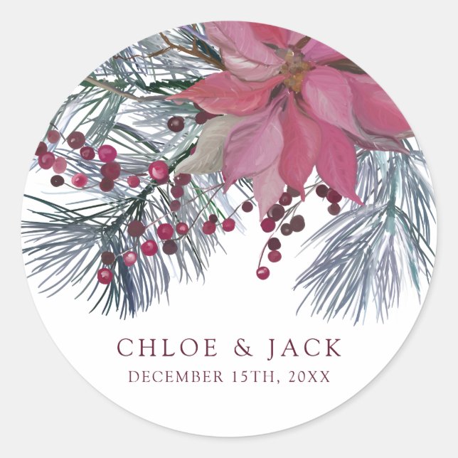 Elegant Winter Greenery Wedding Classic Round Sticker (Front)