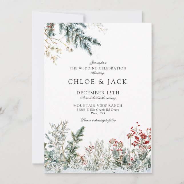 Elegant Winter Greenery Wedding Invitation (Front)
