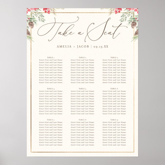 Elegant Winter Greenery Wedding Seating Chart (Front)