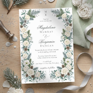 Elegant Winter Greenery White Floral Wedding Invitation