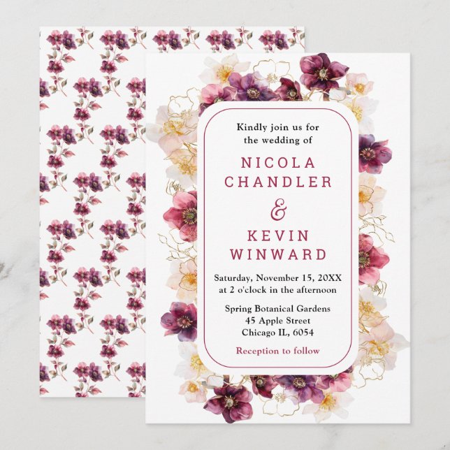 Elegant Winter Hellebore Floral Burgundy Wedding Invitation (Front/Back)