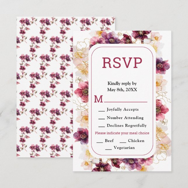 Elegant Winter Hellebore Floral Burgundy Wedding RSVP Card (Front/Back)