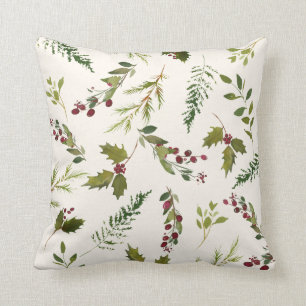 Elegant Winter Holly Berry Greenery Christmas Throw Pillow