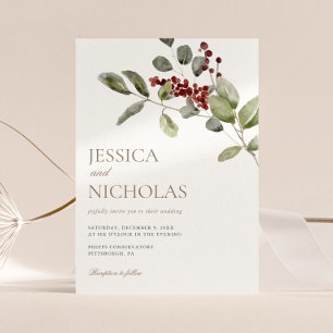 Elegant Winter Holly Branch Wedding Invitation