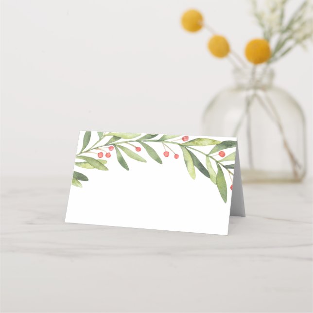 Elegant Winter Holly Christmas Dinner Place Cards (Front)