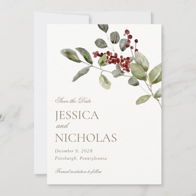 Elegant Winter Holly Wedding Save the Date Invitation (Front)
