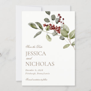 Elegant Winter Holly Wedding Save the Date Invitation