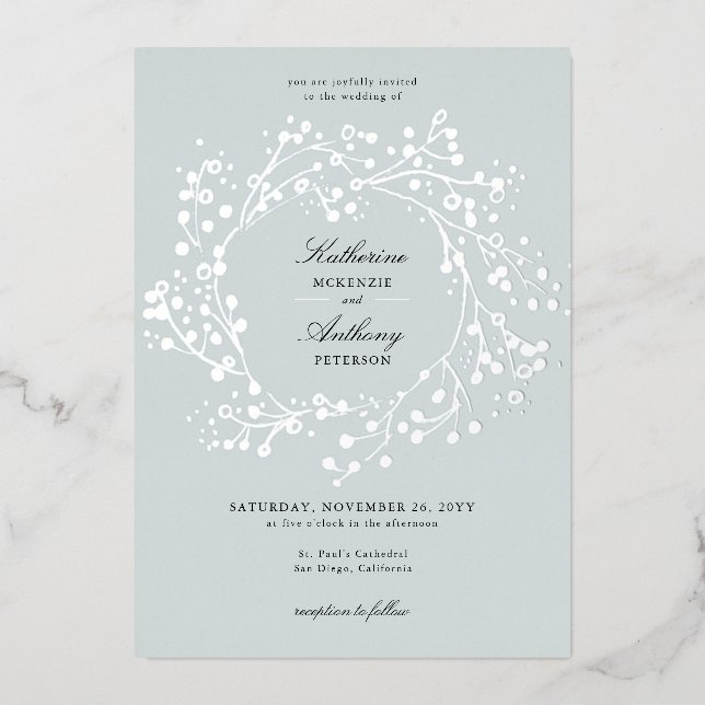 Elegant Winter Ice Green Foil Berry Wreath Wedding (Front)