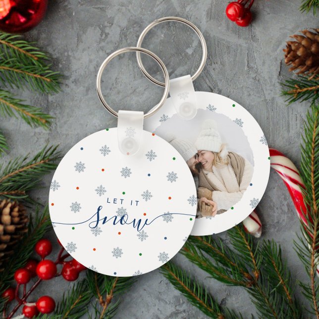 Elegant winter Let it snow custom photo Keychain (Custom photo keychain with elegant snowflakes and dots - let it snow)