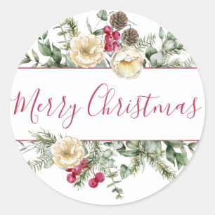 Elegant Winter Magnolia and Foliage Holiday Classic Round Sticker