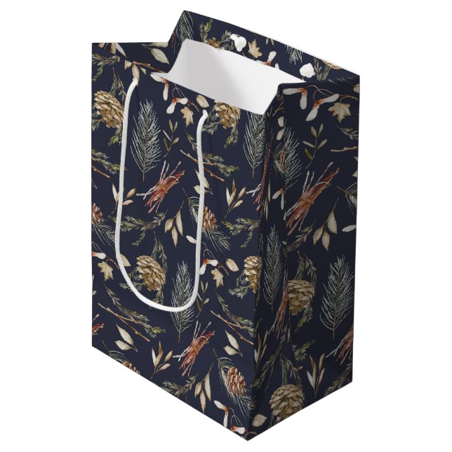Elegant Winter  Medium Gift Bag with Pinecones (Front Angled)